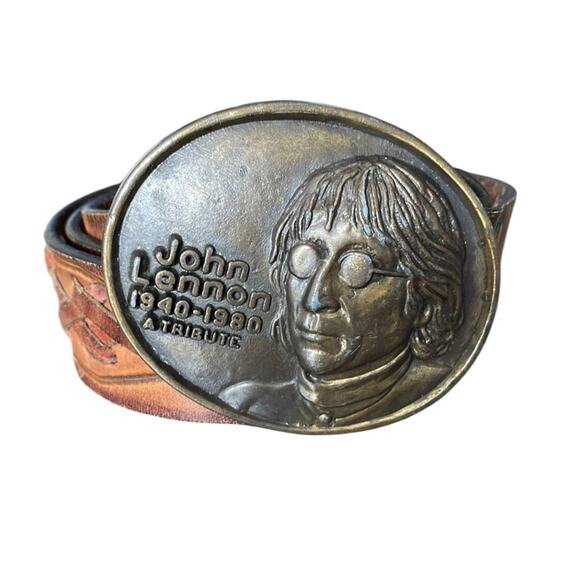 Vintage Leegin Brown Leather Tooled Belt John Lennon Tribute Buckle size medium - Picture 1 of 7